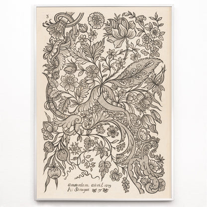 Closeup detail of Floral textile pattern and botanical line art poster with intricate flowers by Alexander Senegat Design for textiles Flowers