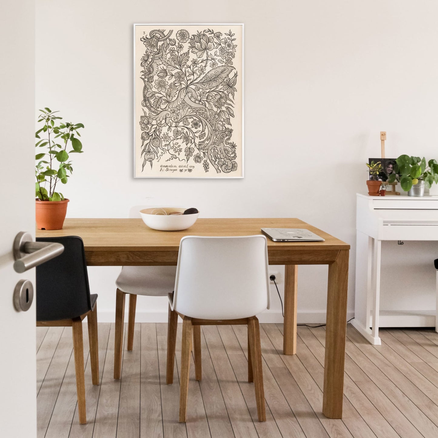 Floral textile pattern and botanical line art poster with intricate flowers by Alexander Senegat Design for textiles Flowers, framed and displayed in home decor