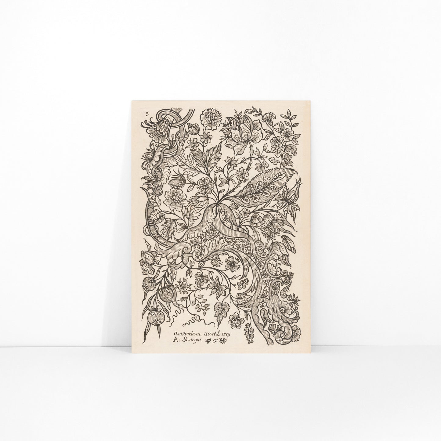 Floral textile pattern and botanical line art poster with intricate flowers by Alexander Senegat Design for textiles Flowers, framed and displayed in modern living room decor