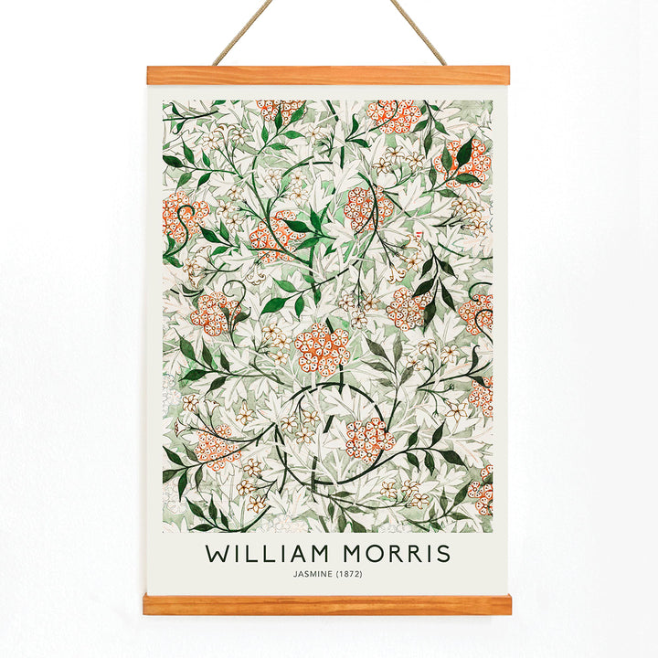 Floral botanical pattern of jasmine flowers and green orange leaves by William Morris artwork poster, with wooden magnetic frame on white background