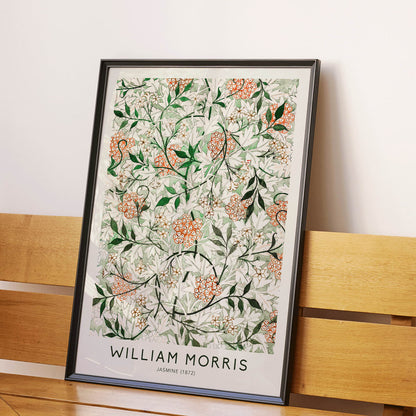 Floral botanical pattern of jasmine flowers and green orange leaves by William Morris artwork poster, framed and displayed in modern living room decor