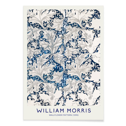 Wallflower Pattern by William Morris featuring intricate blue and white floral botanical design with decorative leaves artwork poster, with black aluminium frame on white background