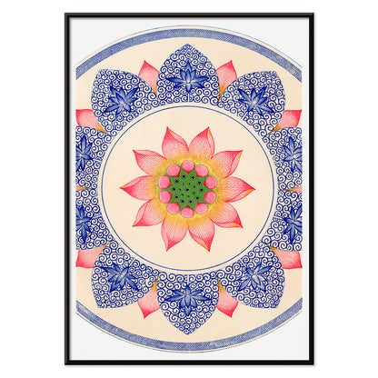 Pink floral pattern with intricate blue and red designs from Examples of Chinese Ornament by Owen Jones poster, with black aluminium frame on white background