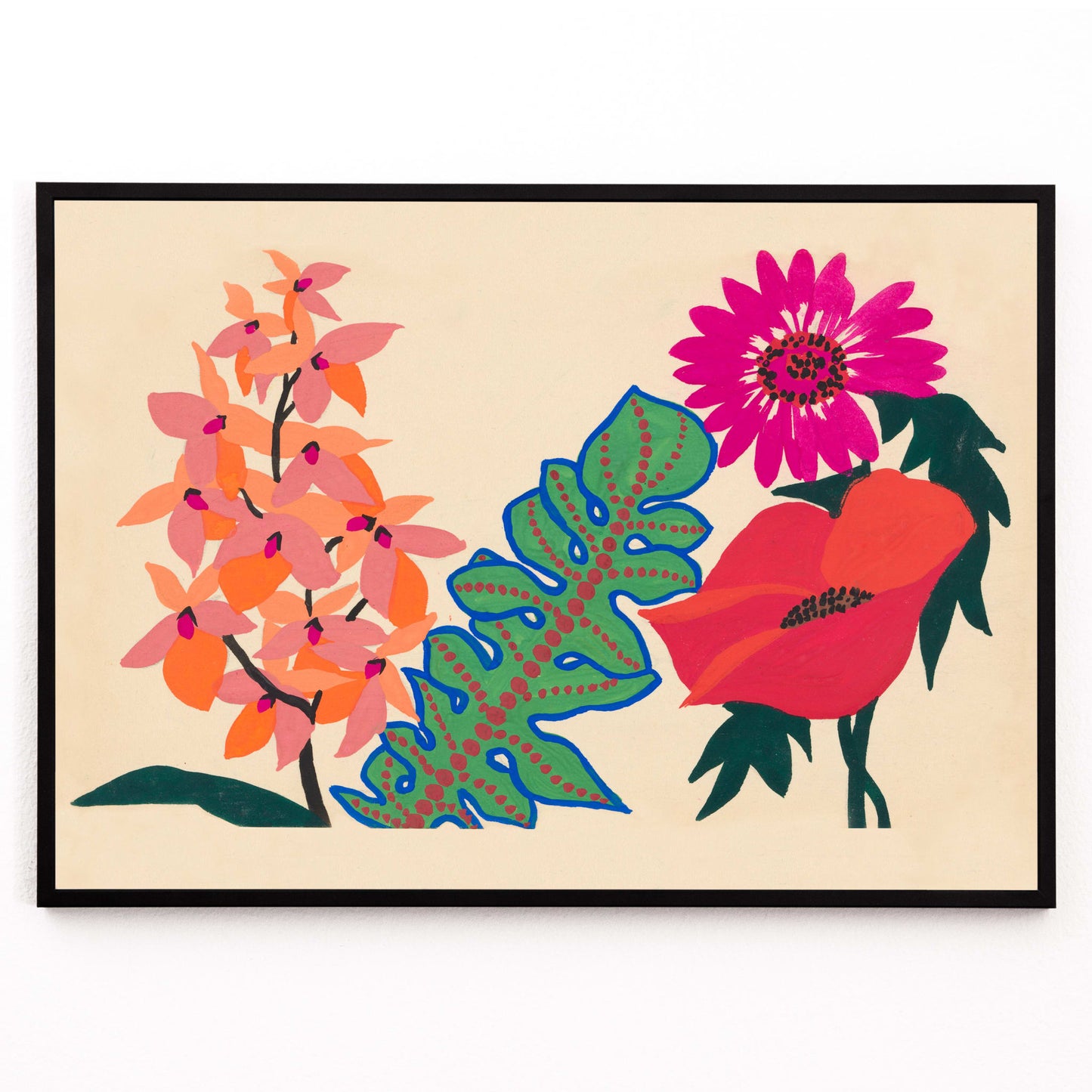 Closeup detail of Colorful botanical illustration poster of vibrant pink flowers and green leaves from Leaves and flowers by Atelier Martine on a beige background