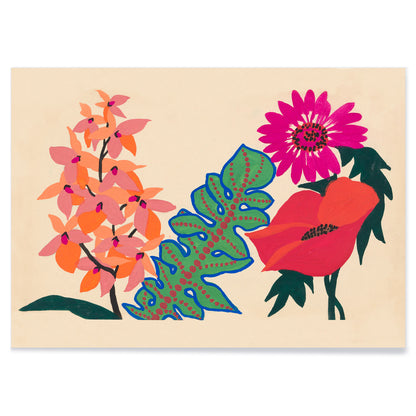 Colorful botanical illustration poster of vibrant pink flowers and green leaves from Leaves and flowers by Atelier Martine on a beige background, with black aluminium frame on white background