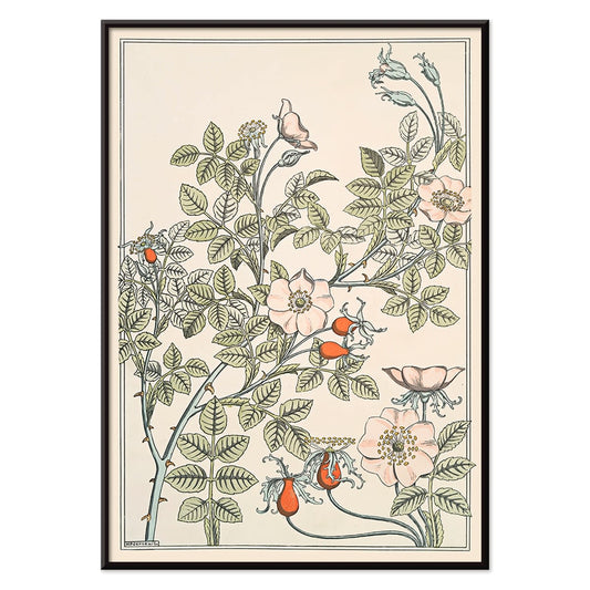 Floral poster of roses and leaves by Maurice Pillard Verneuil titled Eglantier with intricate pastel patterns, with black aluminium frame on white background