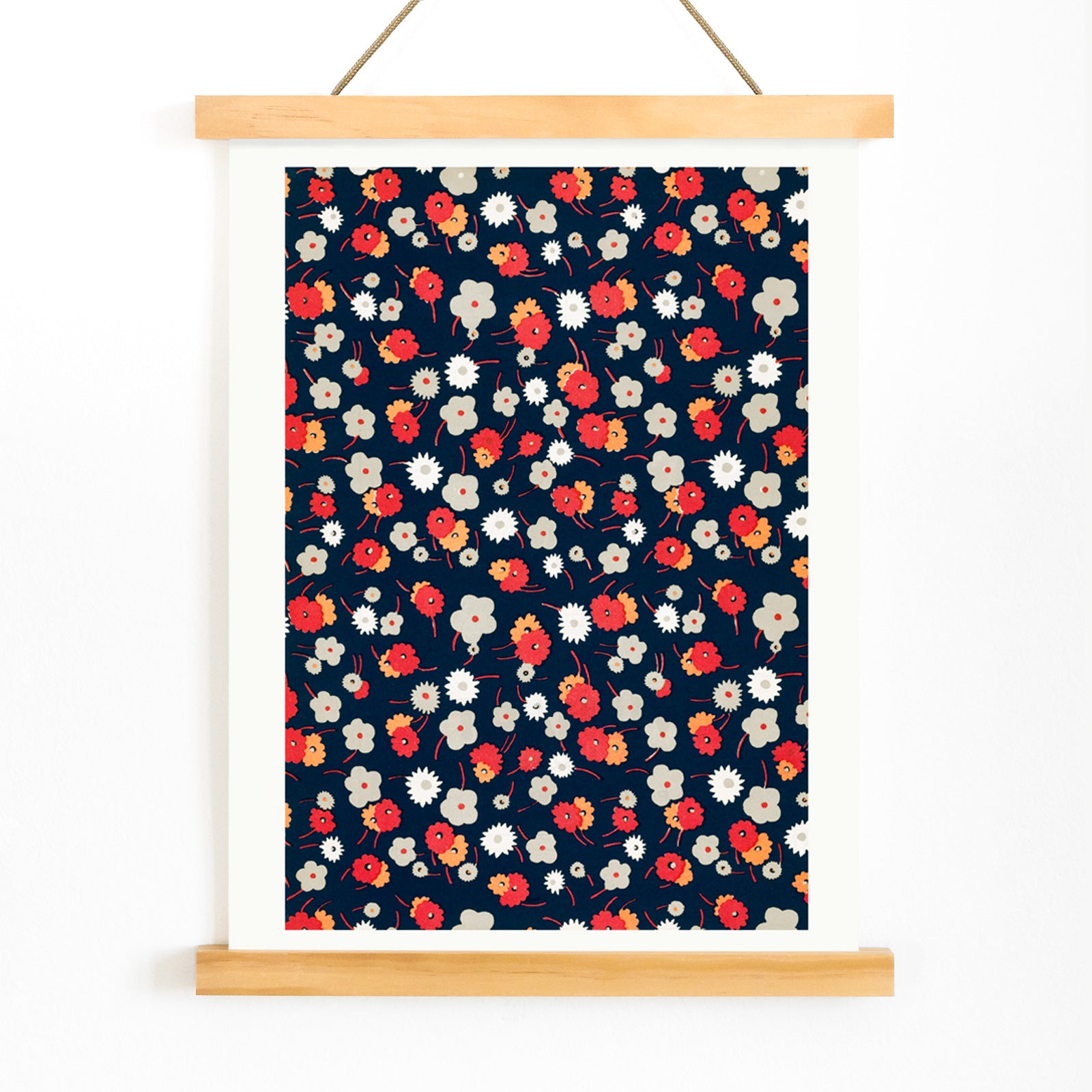 Colorful floral pattern poster with white gray pink and red flowers on dark background by Charles Goy, with wooden magnetic frame on white background
