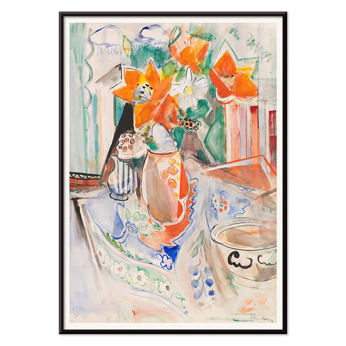 Floral still life poster by Oskar Moll with vibrant flowers in striped jug and bowl on colorful tablecloth, with black aluminium frame on white background