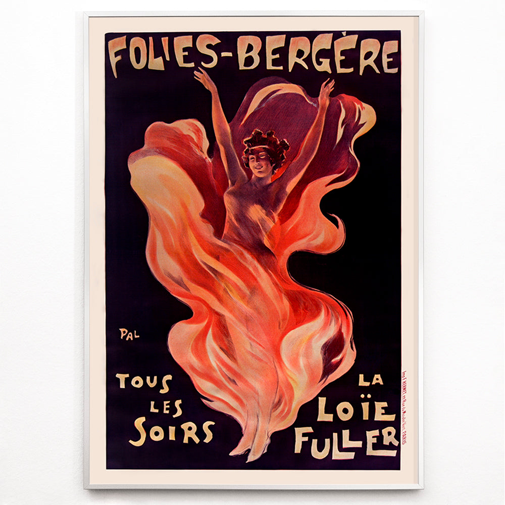 Closeup detail of Folies-Bergere La Loie Fuller by Pal vibrant poster artwork featuring a dancing woman with flowing and swirling colorful fabric