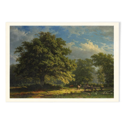 Pastoral landscape poster of The Bentheim Forest by George Andries Roth showing lush green forest large trees and people working with horses, with black aluminium frame on white background