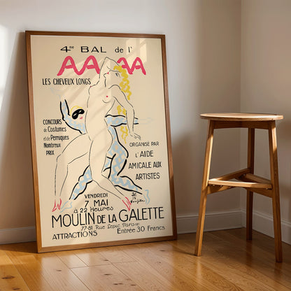 Artistic poster 4eme Bal de lAAAA by Foujita featuring dancers and two women in bold colors and elegant poses, framed and displayed in home decor