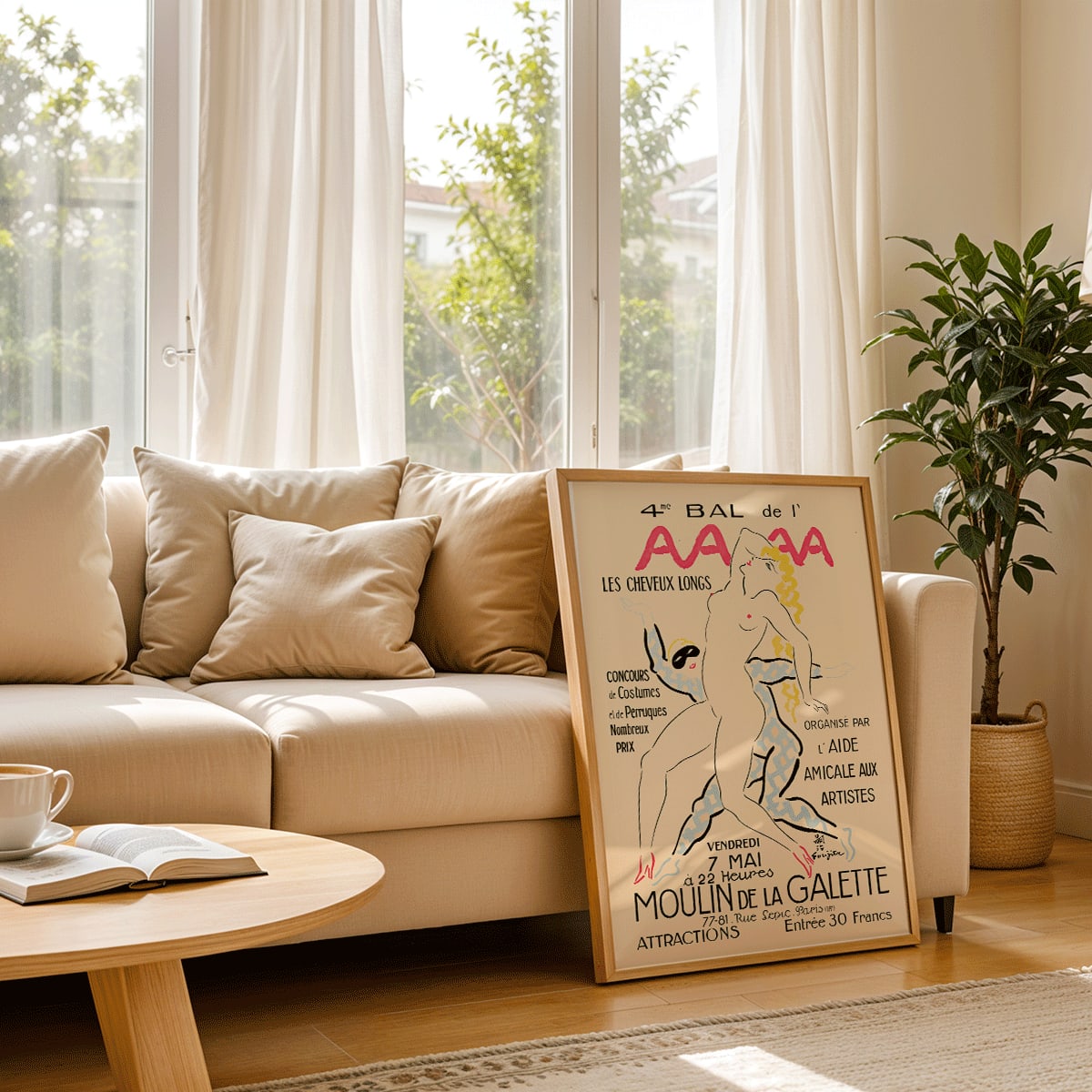 Artistic poster 4eme Bal de lAAAA by Foujita featuring dancers and two women in bold colors and elegant poses, framed and displayed in modern living room decor