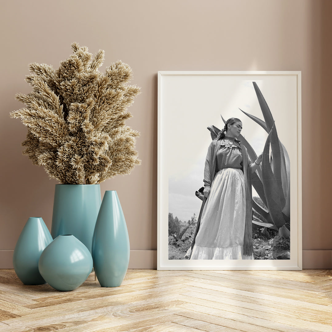 Frida Kahlo standing by agave plant black and white photograph and poster by Toni Frissell titled Senora Diego Rivera, framed and displayed in home decor