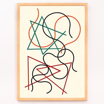 Closeup detail of Abstract geometric and wavy lines artwork in green red orange and black by Myriam Thyes titled Lignes géométriques et ondoyantes