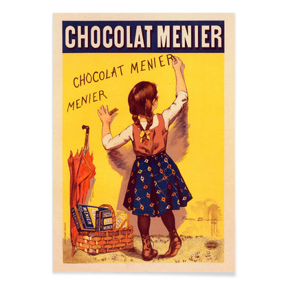 Chocolat Menier poster by Firmin Bouisset featuring a young girl writing on a yellow wall with a basket of chocolate and an umbrella, with black aluminium frame on white background
