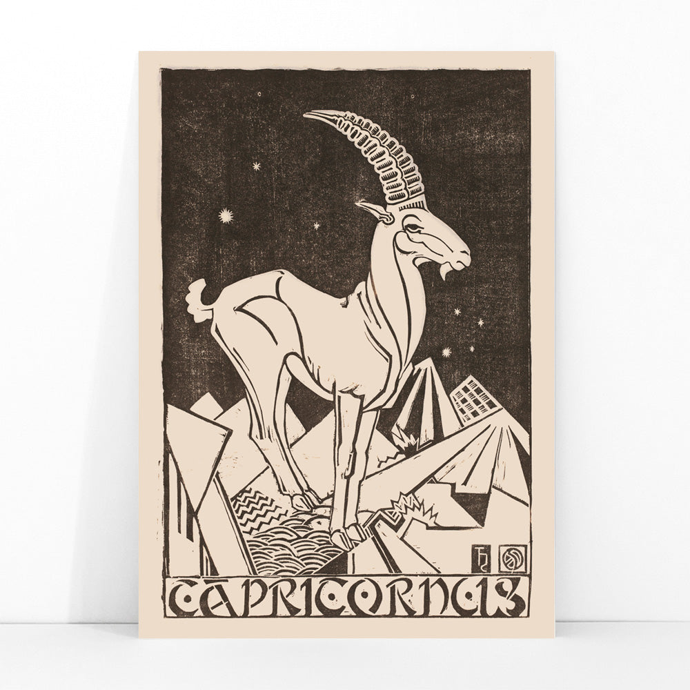 Capricorn zodiac sign illustration and poster featuring a stylized goat under stars in an abstract landscape artwork titled Capricornus by Henri van der Stok, framed and displayed in modern living room decor