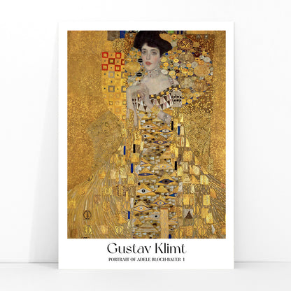 Elegant woman in golden dress with intricate patterns Portrait of Adele Bloch-Bauer I by Gustav Klimt gold tones wall decor poster, framed and displayed in modern living room decor