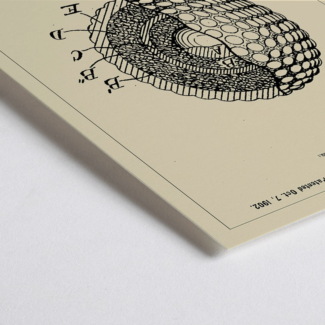 Closeup detail of Golf ball patent technical drawing by R B Cavanagh showing detailed labeled interior structure and design elements