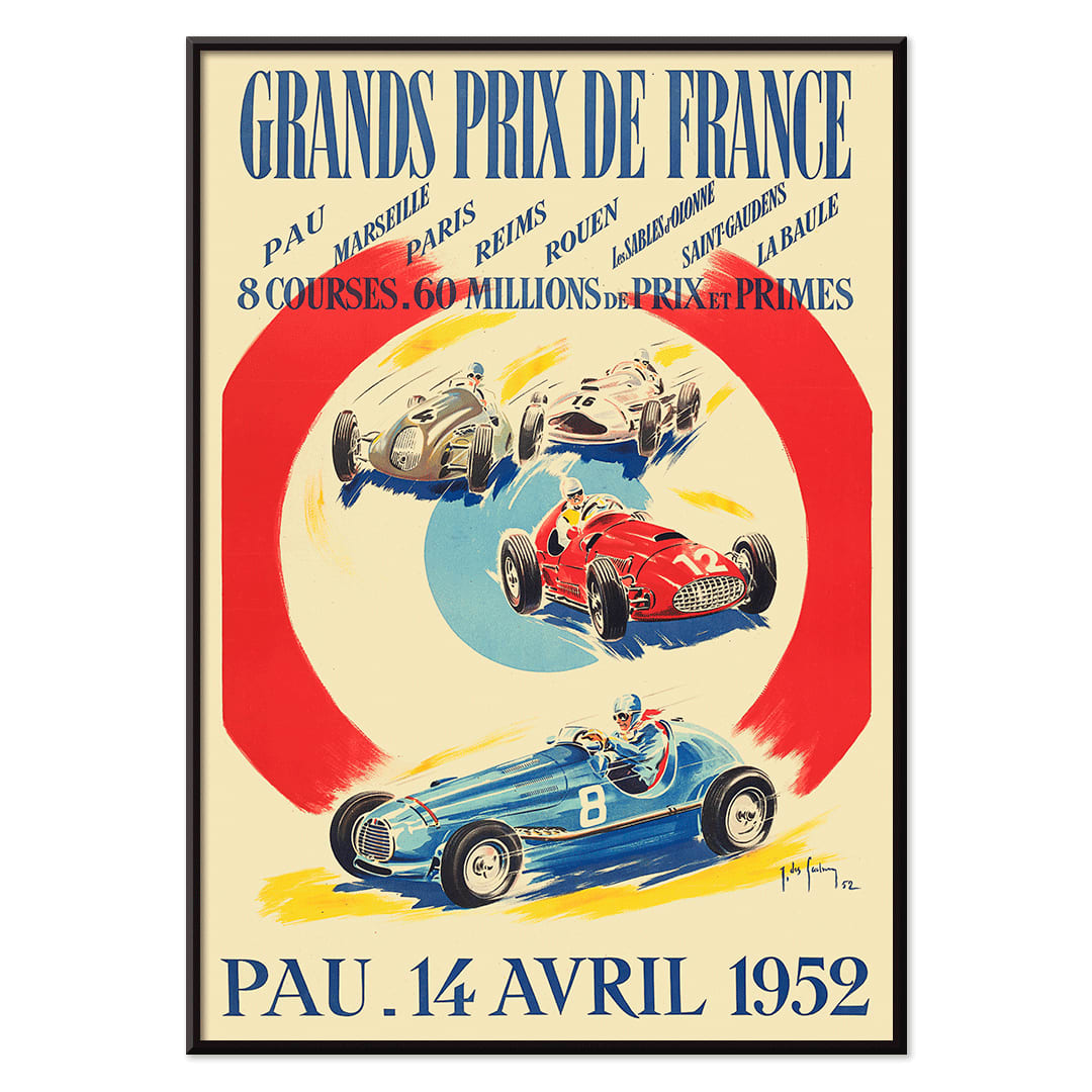 Vintage poster by Jean Des Gachons showing colorful race cars and event details for Grands Prix de France at multiple locations, with black aluminium frame on white background