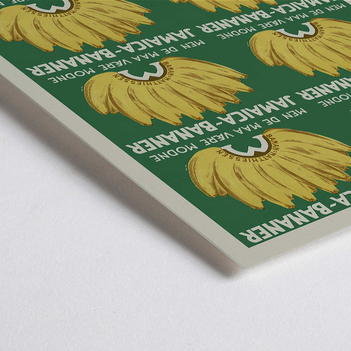 Closeup detail of Jamaica Bananas poster with repeated ripe yellow banana bunches on a deep green vintage advertising design