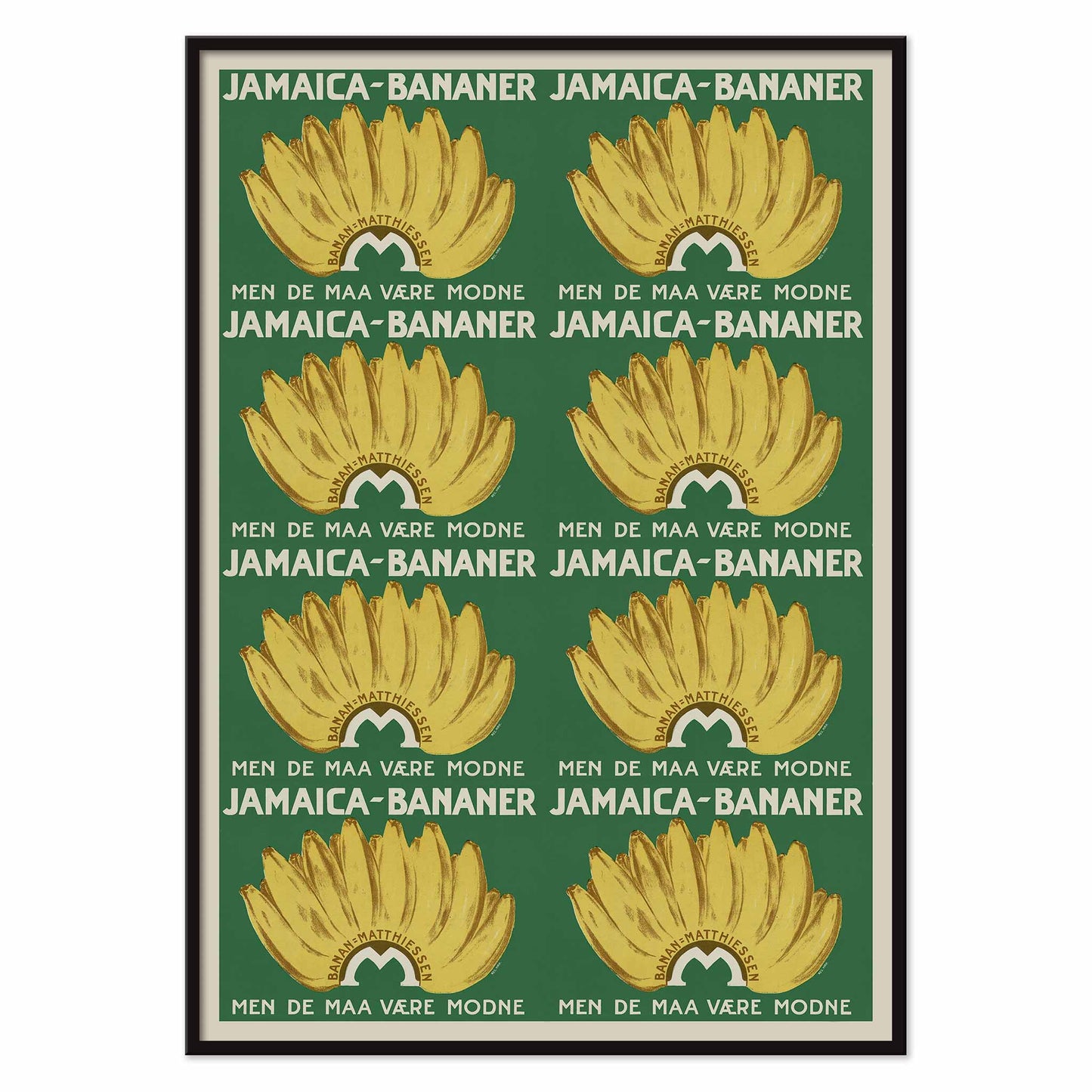 Jamaica Bananas poster with repeated ripe yellow banana bunches on a deep green vintage advertising design, with black aluminium frame on white background