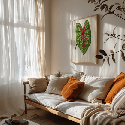 Green Caladium Chantini poster from Les Plantes a Feuillage Colore illustrated by Benjamin Fawsett showing vibrant green leaf with red veins, framed and displayed in home decor