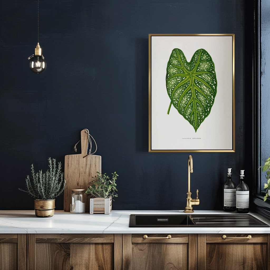 Green Caladium Mirabile botanical illustration poster by Benjamin Fawsett from Les Plantes a Feuillage Colore, framed and displayed in home decor