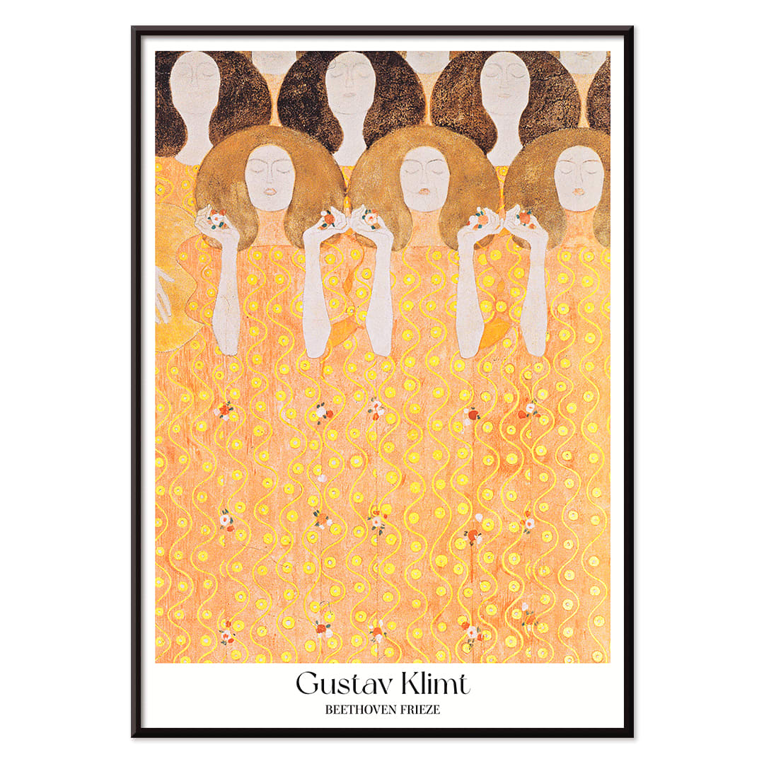 Beethoven Frieze by Gustav Klimt featuring women in flowing yellow gowns with intricate golden and orange patterns and faceless figures, with black aluminium frame on white background