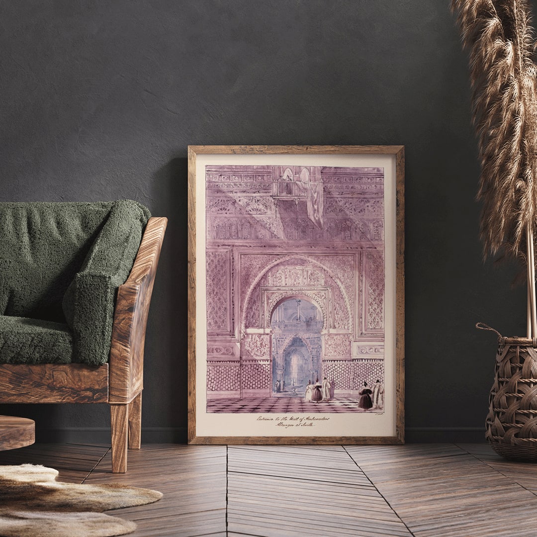 Charles Hamilton Smith painting and poster of Entrance to the Hall of Ambassadors Alcazar at Seville featuring detailed architectural scene with figures, framed and displayed in home decor