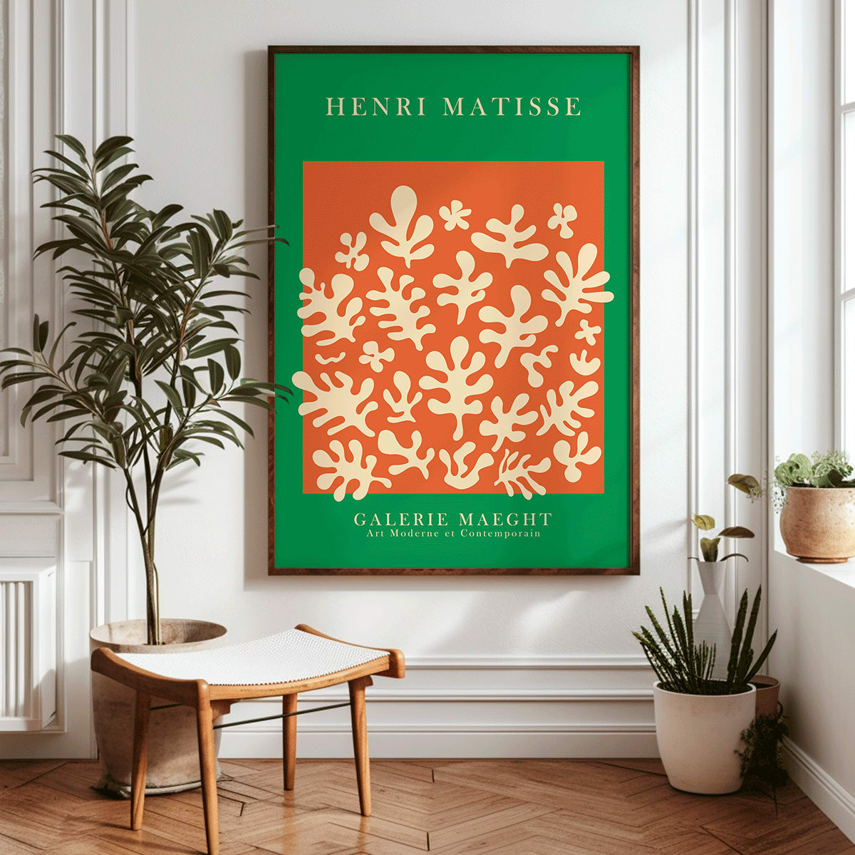 Henri Matisse artwork at Galerie Maeght featuring orange cut outs and abstract shapes on an orange background poster, framed and displayed in home decor