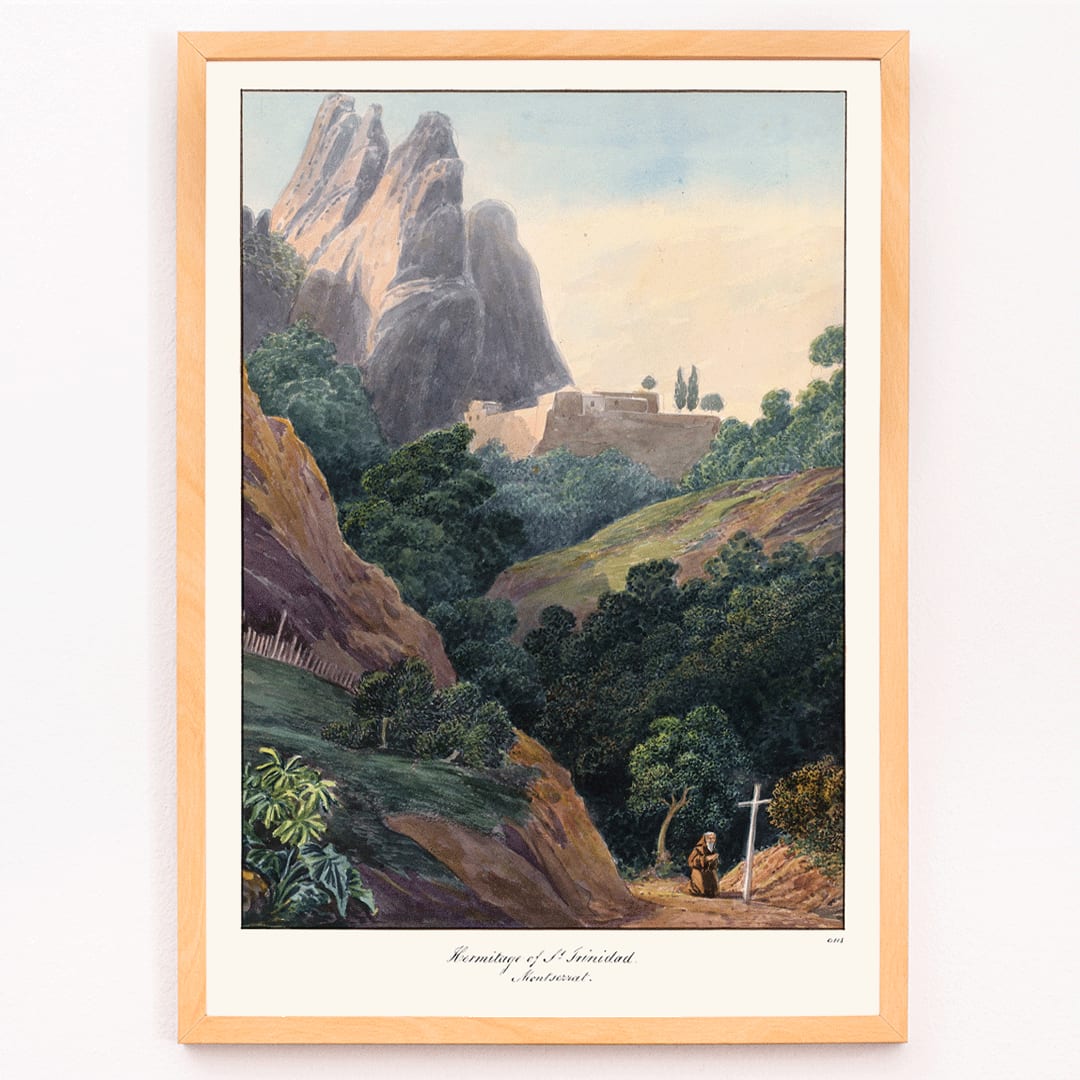 Painting of Hermitage of St Trinidad Montserrat by Charles Hamilton Smith with mountainous landscape lush trees and monk, framed and displayed in modern living room decor