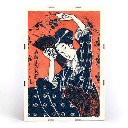 Japanese woman in traditional kimono holding a fan artwork inspired by Utagawa Hiroshige poster, framed and displayed in modern living room decor