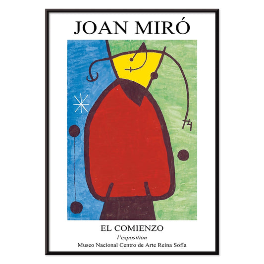 Exhibition poster of El Comienzo by Joan Miro with colorful abstract shapes and vibrant colors in a framed display, with black aluminium frame on white background