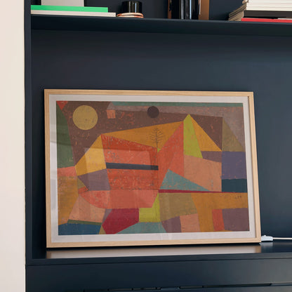 Joyful Mountain Landscape by Paul Klee vibrant abstract colors geometric shapes poster of mountainous scene, framed and displayed in modern living room decor