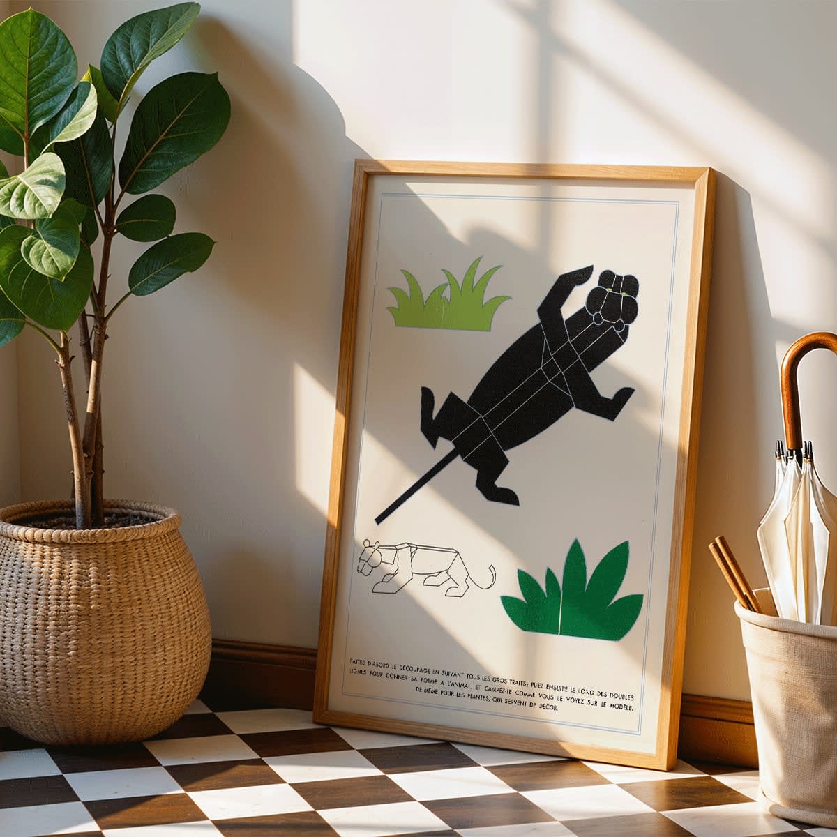 Geometric animal illustrations and poster with plants and geometric shapes forming jungle animals in La Jungle chez moi Pl 04 by Turenne Chevallereau, framed and displayed in home decor