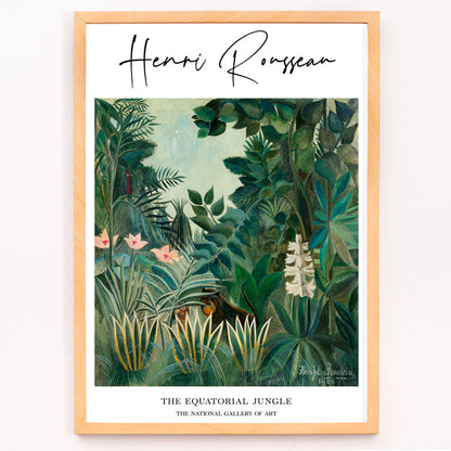 Closeup detail of Lush green rainforest with exotic plants flowers and hidden animals inspired by The Equatorial Jungle painting by Henri Rousseau
