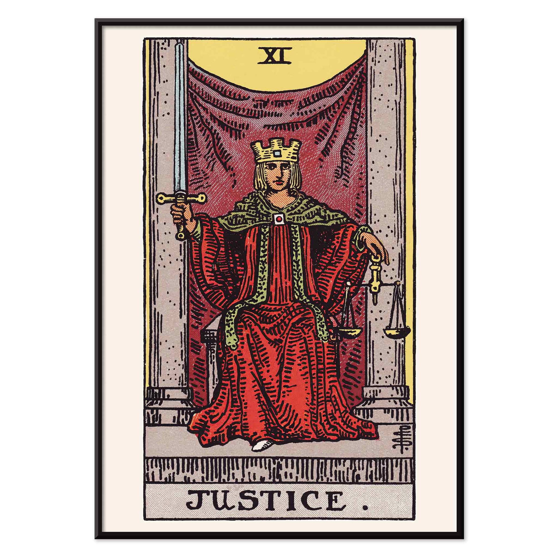 Pamela Colman Smith Justice tarot poster crowned figure in red robes with scales and sword, with black aluminium frame on white background