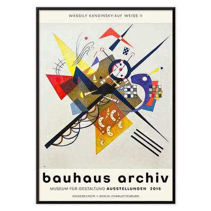 Abstract artwork Auf Weiss II by Wassily Kandinsky with geometric shapes and vibrant colors displayed at Bauhaus exhibition and featured on Bauhaus Archiv poster for Gestalt exhibition at Berlin museum, with black aluminium frame on white background