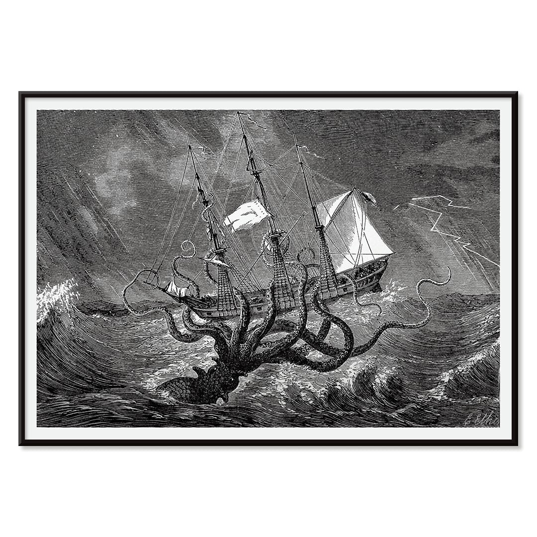 The Kraken attacking a ship in stormy seas sea monster poster titled The Kraken as seen by the eye of imagination, with black aluminium frame on white background