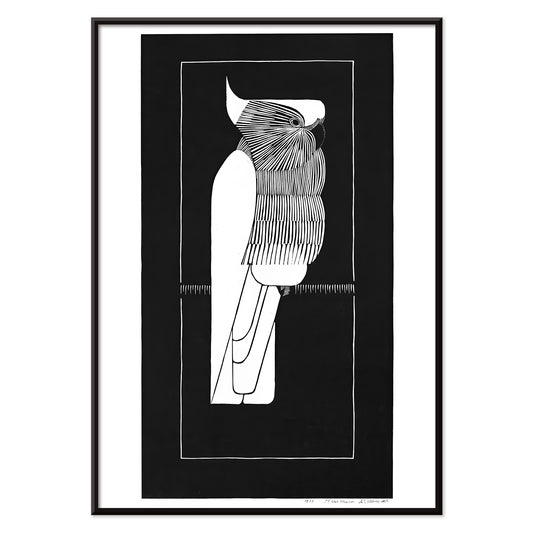 Black and white sulphur crested cockatoo fine art print and stylized poster by Samuel Jessurun de Mesquita, with black aluminium frame on white background
