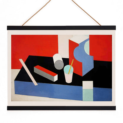 Colorful geometric abstract painting titled Kubik in red black and blue by artist Patrick Henry Bruce poster, with wooden magnetic frame on white background