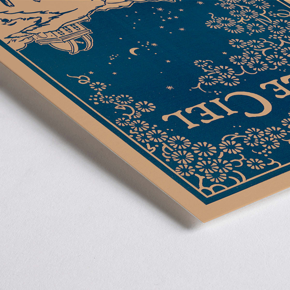 Closeup detail of Art poster of a night sky with observatory and floral patterns from Le Ciel Nouvelle Astronomie Pittoresque by Alphonse Berget