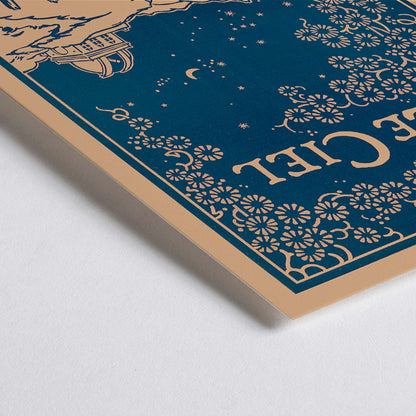 Closeup detail of Art poster of a night sky with observatory and floral patterns from Le Ciel Nouvelle Astronomie Pittoresque by Alphonse Berget