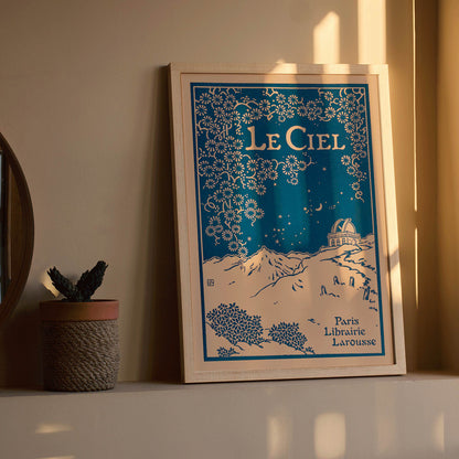 Art poster of a night sky with observatory and floral patterns from Le Ciel Nouvelle Astronomie Pittoresque by Alphonse Berget, framed and displayed in home decor