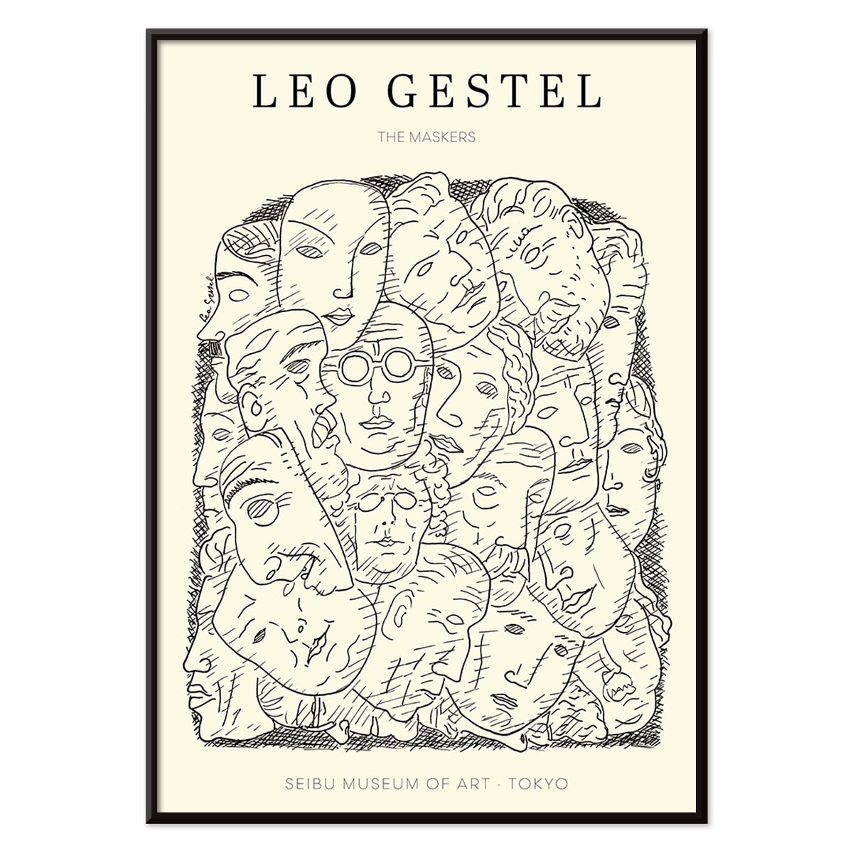 Leo Gestel Maskers artwork and poster featuring abstract faces and post-impressionist style exhibited at Seibu Museum of Art Tokyo, with black aluminium frame on white background