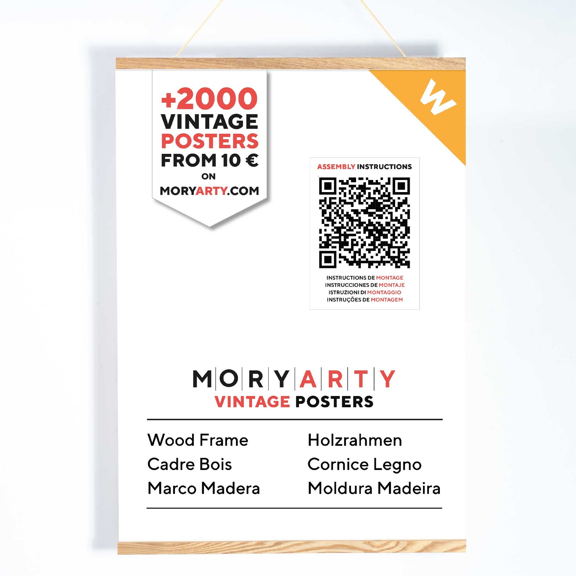 Light oak magnetic wood frame holding a poster, with natural wood bars and a hanging rope, displayed on a wall for a modern, elegant look, full front picture