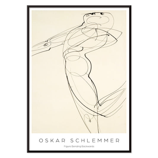 Abstract line drawing poster of a human figure bending backwards by Oskar Schlemmer from Figure Bending Backwards, with black aluminium frame on white background
