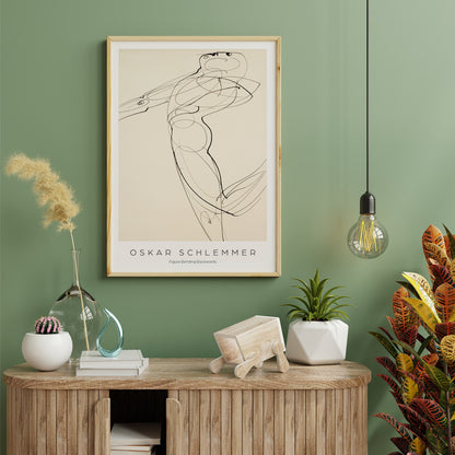 Abstract line drawing poster of a human figure bending backwards by Oskar Schlemmer from Figure Bending Backwards, framed and displayed in home decor