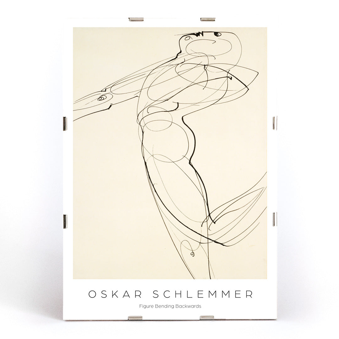 Abstract line drawing poster of a human figure bending backwards by Oskar Schlemmer from Figure Bending Backwards, framed and displayed in modern living room decor