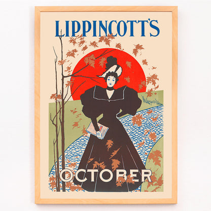 Lippincotts October poster by William Carqueville featuring an elegant woman in a black dress holding a book with autumn leaves, framed and displayed in modern living room decor